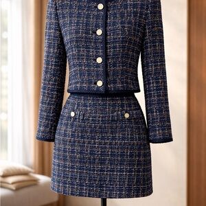 Aqua (Bloomingdale’s house brand) Navy, Tweed 2-Piece Suit with Gold Buttons